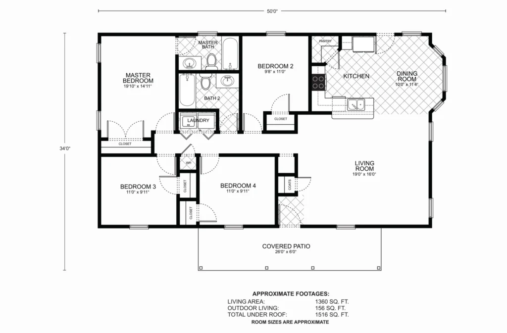 San Marcos custom home floor plan - 4 Bed / 2 Bath / 1,360 Sq Ft